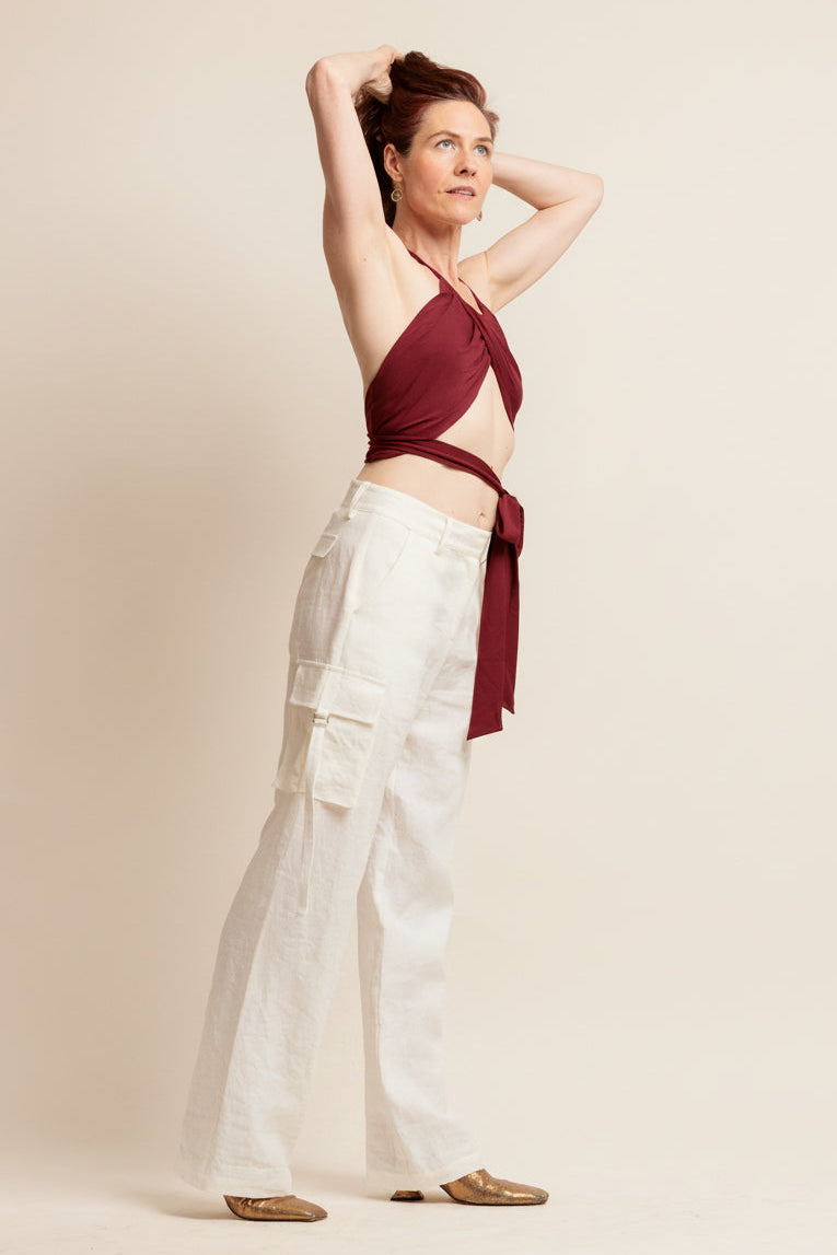 Japanese Linen Cargo Pants - Luxury Wide Leg Trousers with Gold Buckle Detail