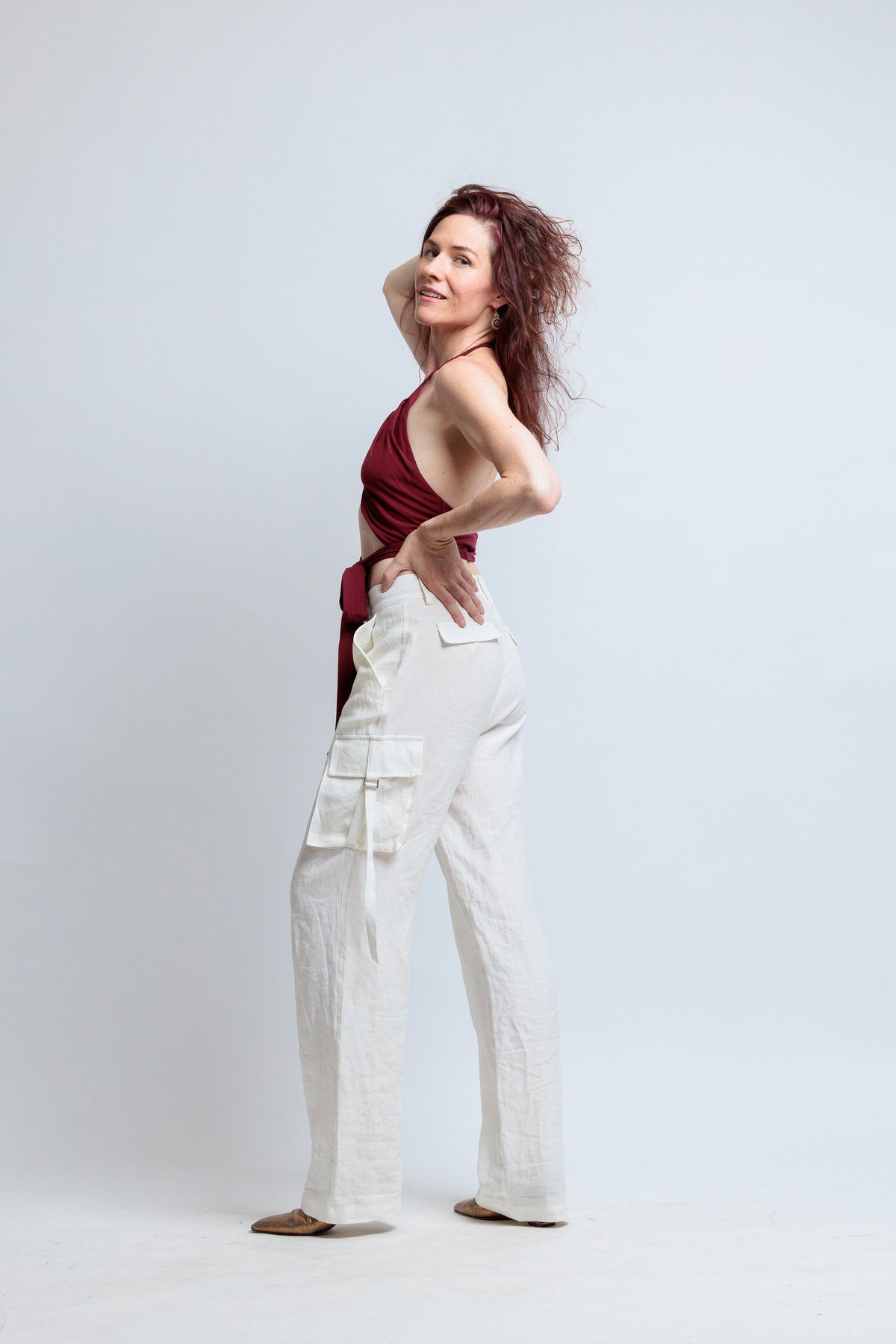 Japanese Linen Cargo Pants - Luxury Wide Leg Trousers with Gold Buckle Detail