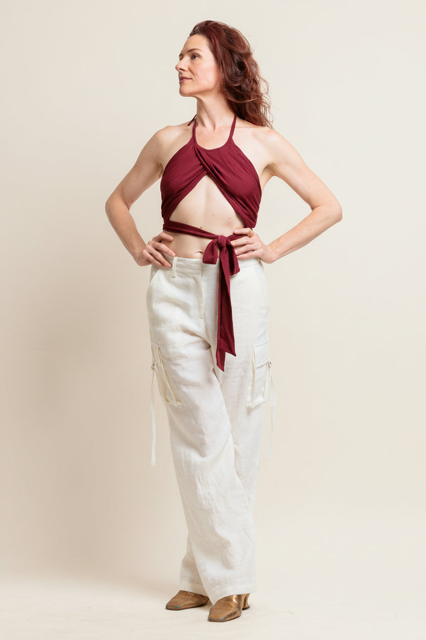 Japanese Linen Cargo Pants - Luxury Wide Leg Trousers with Gold Buckle Detail