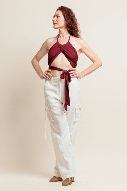 Japanese Linen Cargo Pants - Luxury Wide Leg Trousers with Gold Buckle Detail