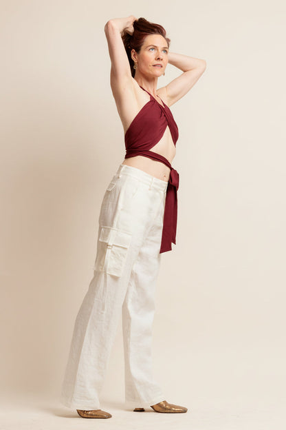 Japanese Linen Cargo Pants - Luxury Wide Leg Trousers with Gold Buckle Detail