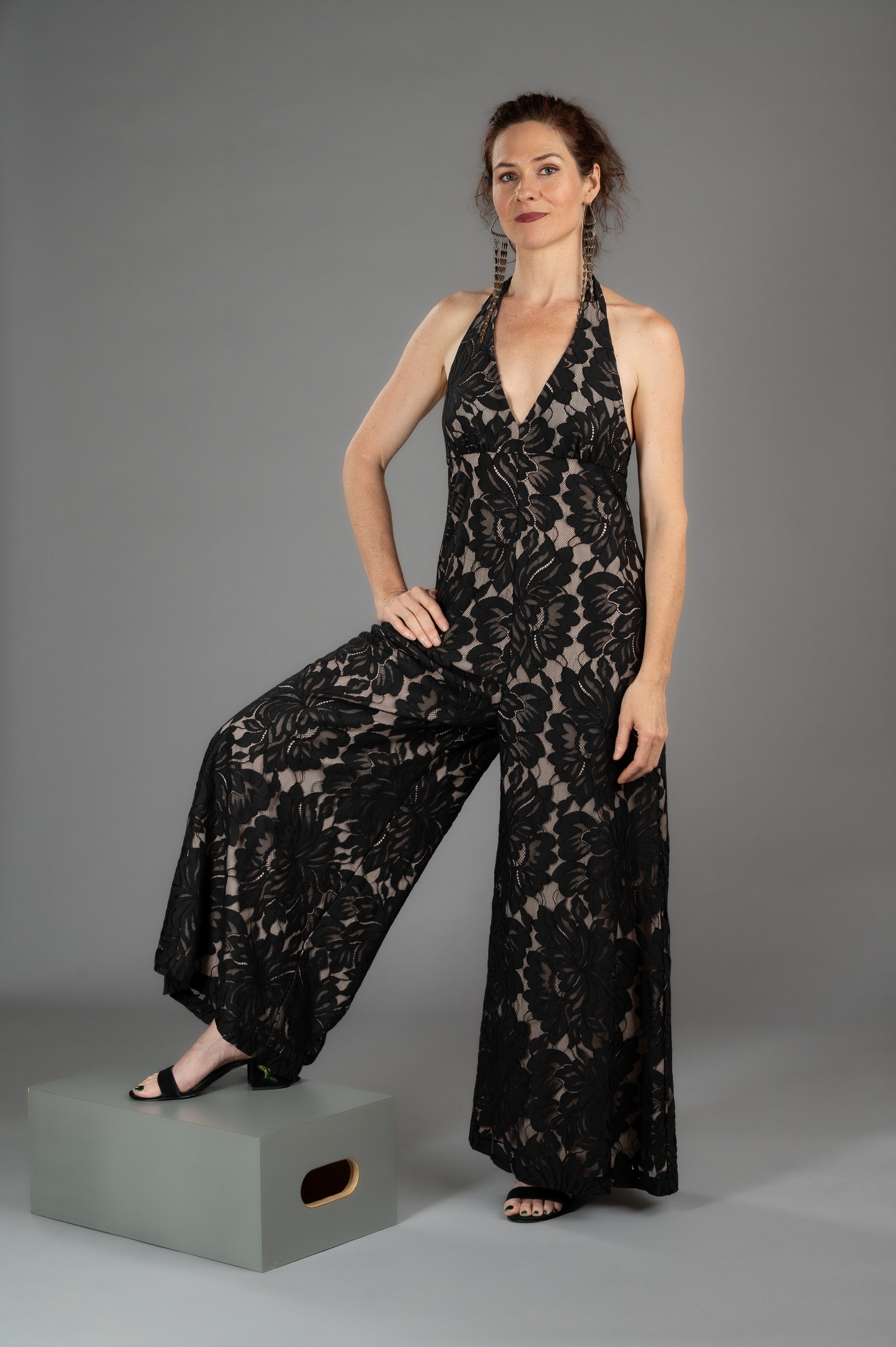 Garden Party Jumpsuit: Poppy Flower Lace Wide Leg Jumpsuit with Nude Lining