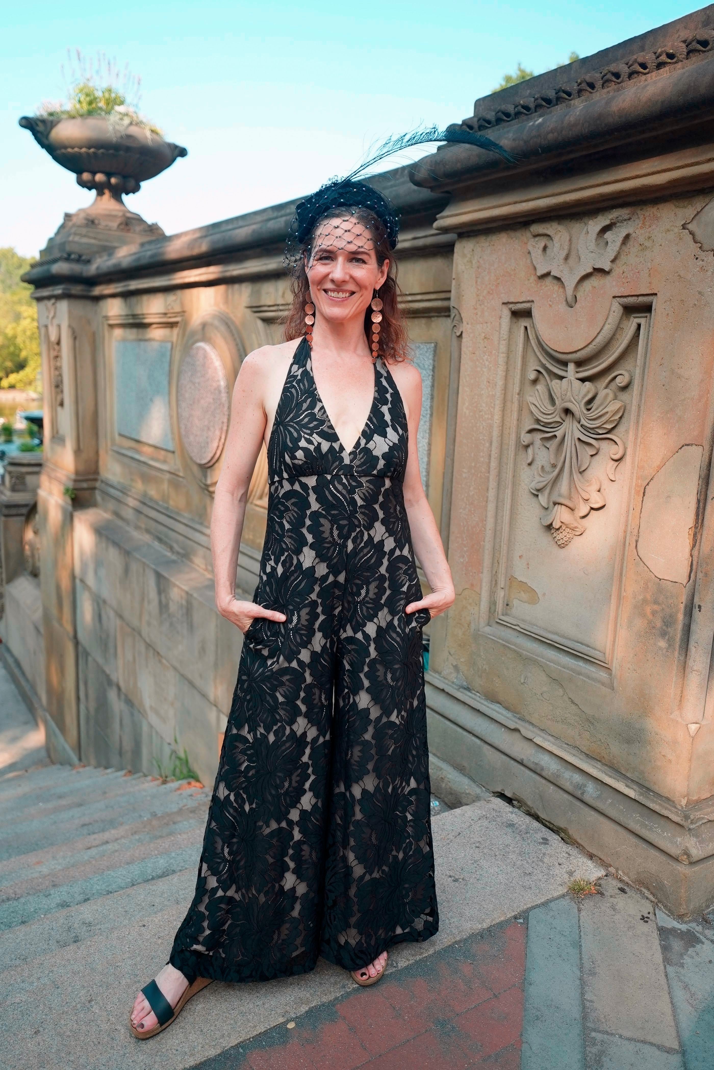 Garden Party Jumpsuit: Poppy Flower Lace Wide Leg Jumpsuit with Nude Lining