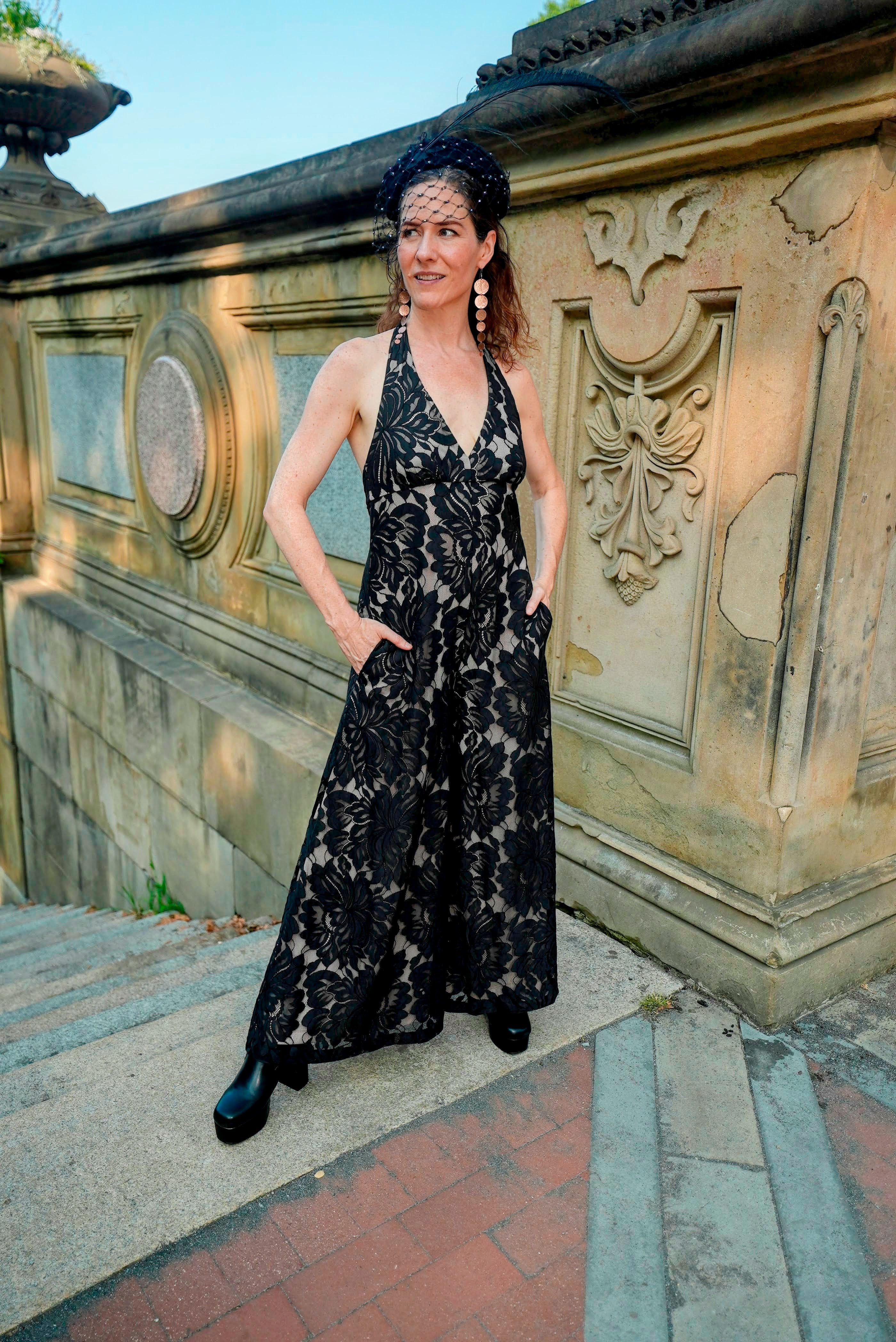 Garden Party Jumpsuit: Poppy Flower Lace Wide Leg Jumpsuit with Nude Lining