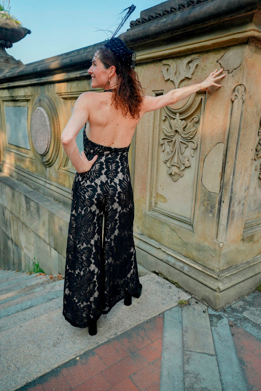 Garden Party Jumpsuit: Poppy Flower Lace Wide Leg Jumpsuit with Nude Lining