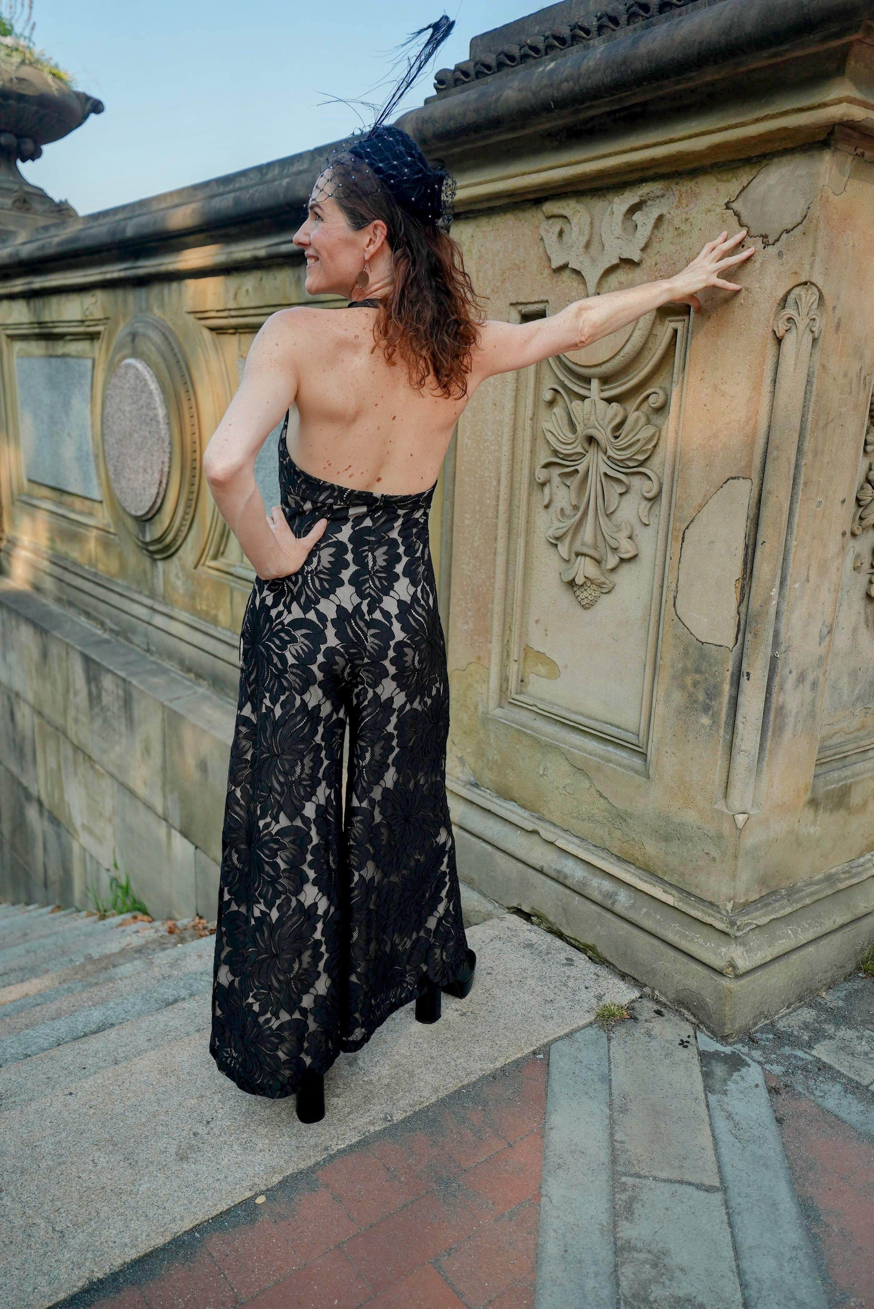 Garden Party Jumpsuit: Poppy Flower Lace Wide Leg Jumpsuit with Nude Lining