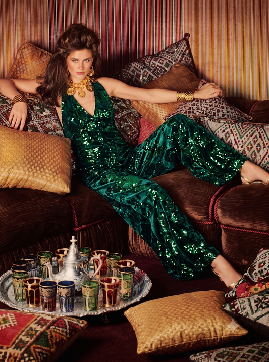 Emerald Green Velvet Sequin Halter Top Jumpsuit