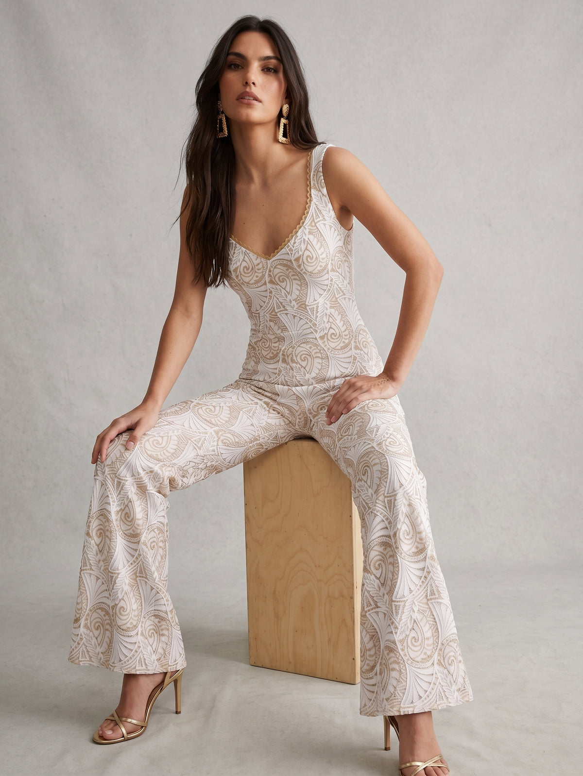The Ivory and Gold Unlined Lace Jumpsuit