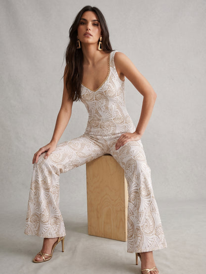 The Ivory and Gold Unlined Lace Jumpsuit