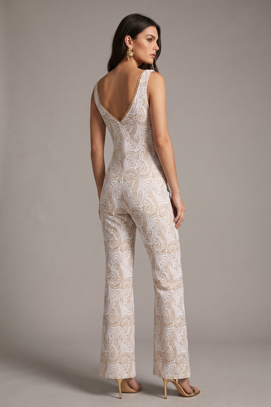 The Ivory and Gold Unlined Lace Jumpsuit
