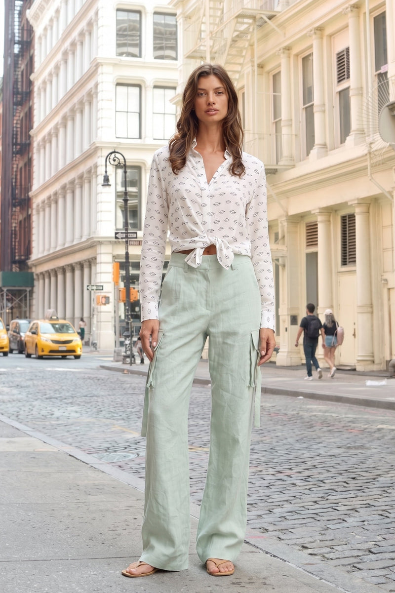 Japanese Linen Cargo Pants - Luxury Wide Leg Trousers with Gold Buckle Detail