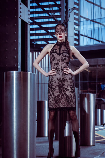 Empress Lace Dress Remixed - Klauber Lace Midi Dress with Halter Neck and Keyhole Back