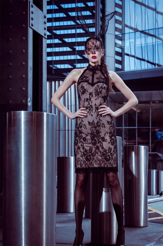 Empress Lace Dress Remixed - Klauber Lace Midi Dress with Halter Neck and Keyhole Back
