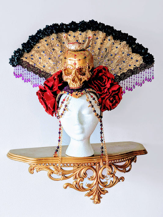 Mardi Gras/Carnival Headdress, Day of the Dead/Dia de los Muertos headpiece, Skull headdress, lace fan headpiece, Halloween headdress