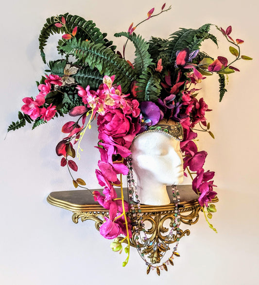 Mardi Gras Floral Headdress, Carnival Flower Headdress, Orchid Headpiece, Pink and Green Jungle Goddess Crown, Fertility Headpiece