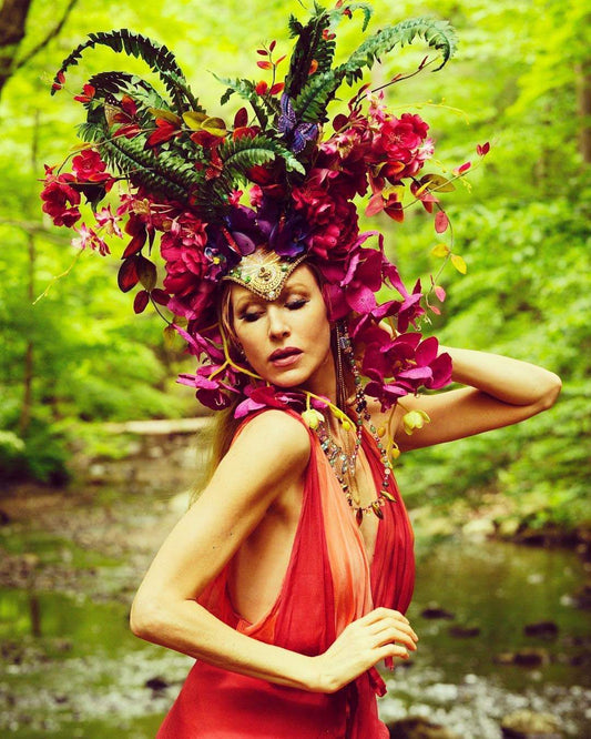 Mardi Gras Floral Headdress, Carnival Flower Headdress, Orchid Headpiece, Pink and Green Jungle Goddess Crown, Fertility Headpiece