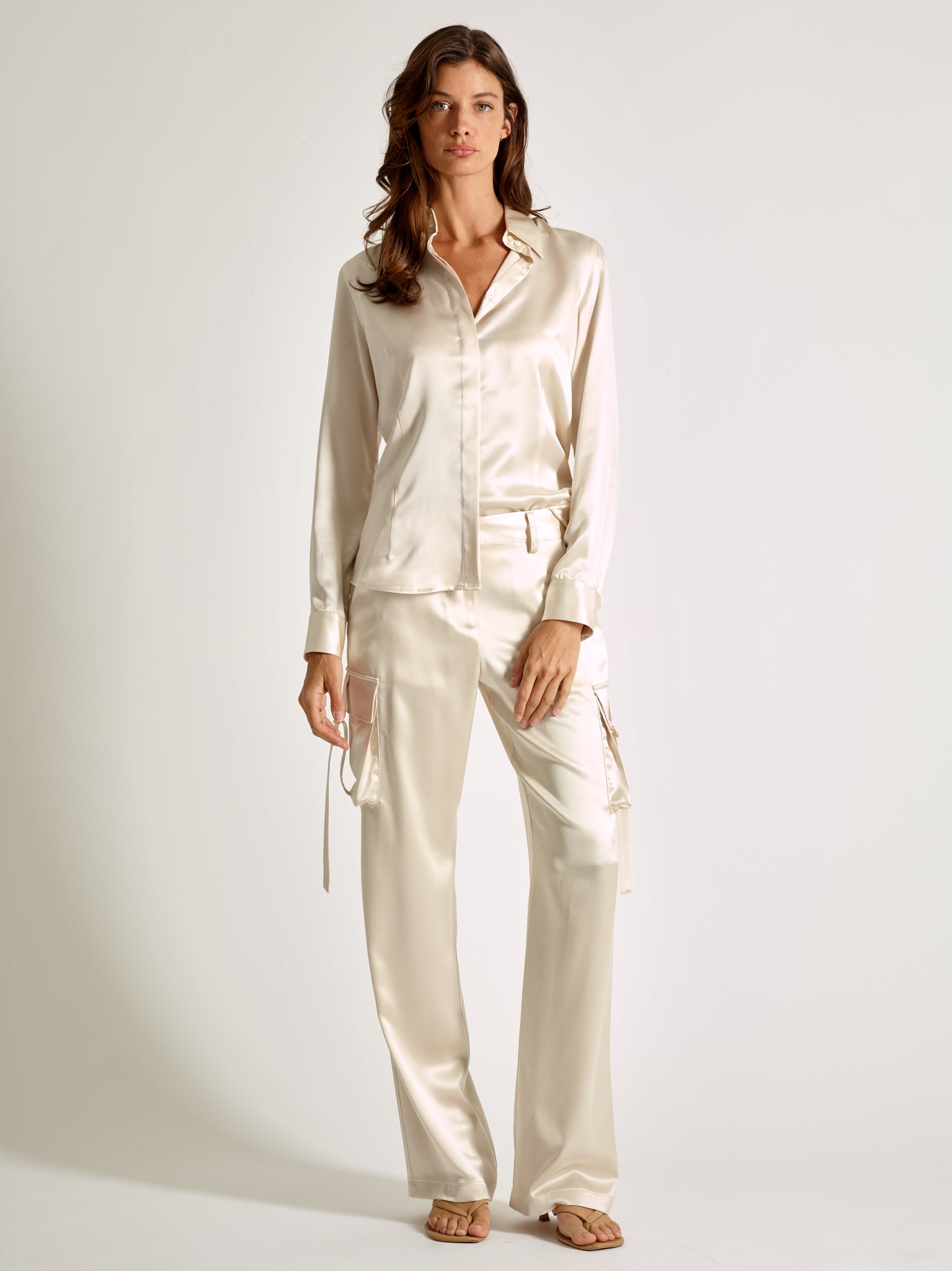 Ivory Silk Cargo Pants