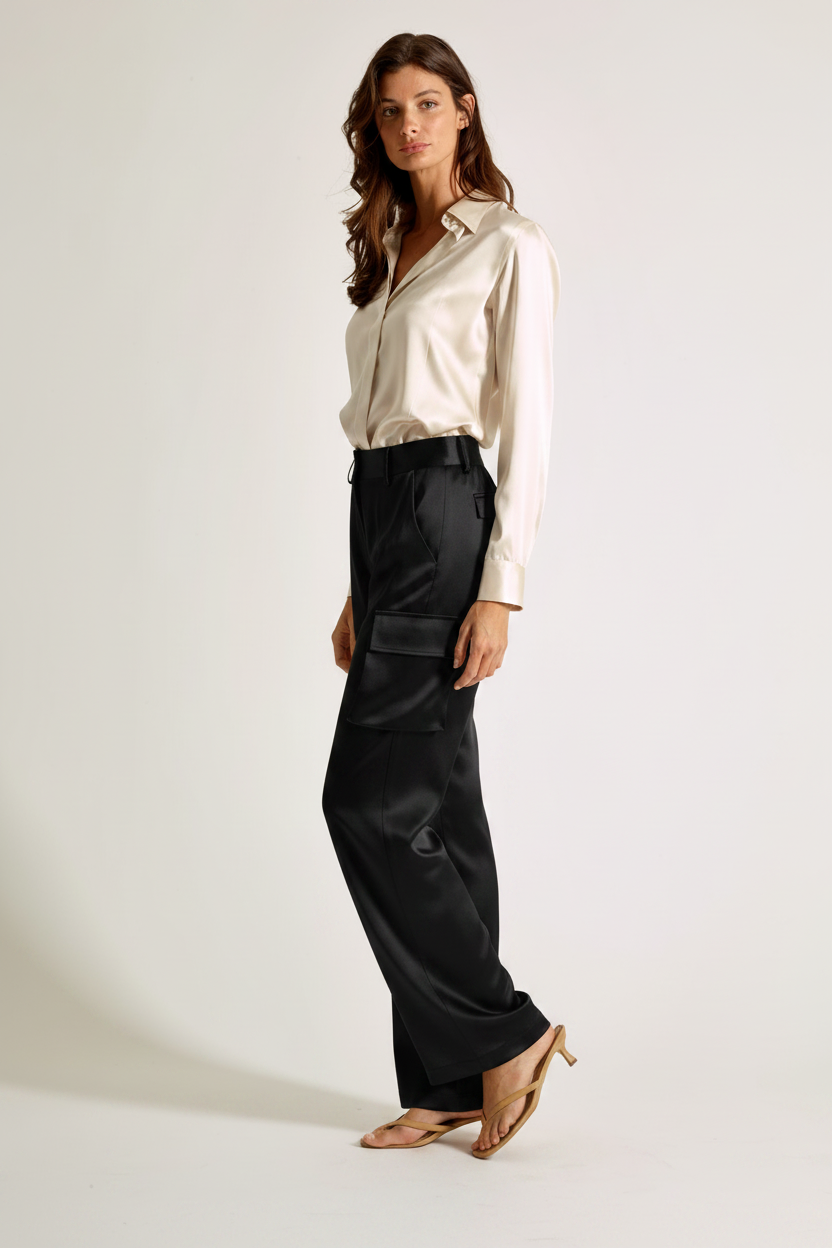 Silk Cargo Pants - Luxury Silk Wide Leg Trousers with Gold Buckle Detail