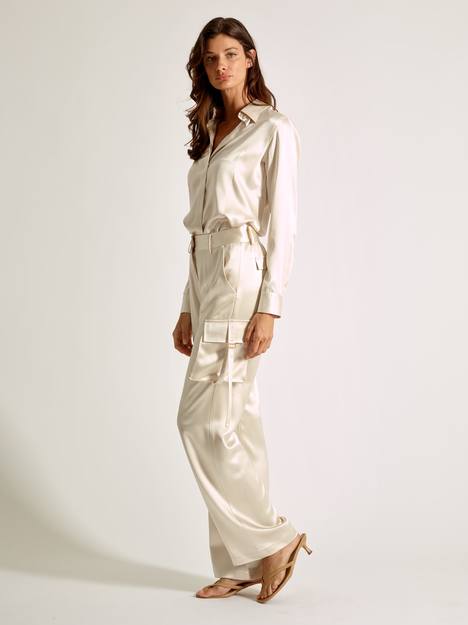 Ivory Silk Cargo Pants