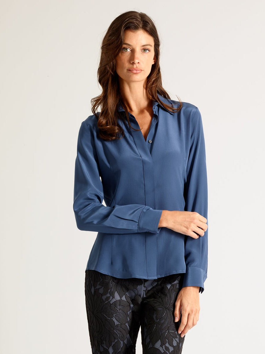 Dusty Indigo Silk Crepe Blouse