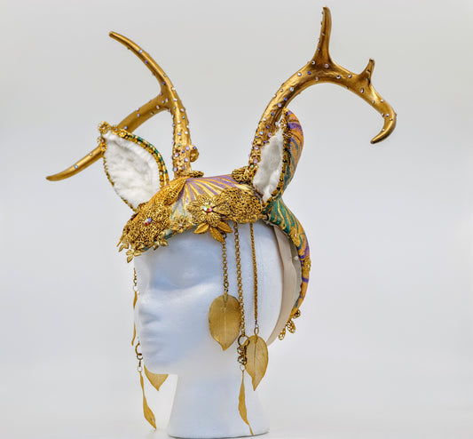 Golden Deer Crown, Gold Antler Headdress, Fawn Headpiece, Golden Pagan Crown