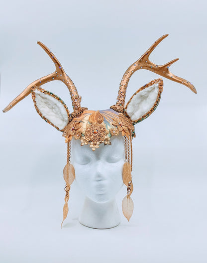 Golden Deer Crown, Gold Antler Headdress, Fawn Headpiece, Golden Pagan Crown