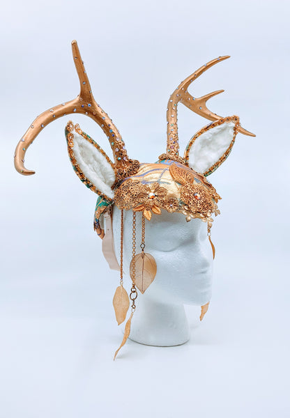 Golden Deer Crown, Gold Antler Headdress, Fawn Headpiece, Golden Pagan Crown