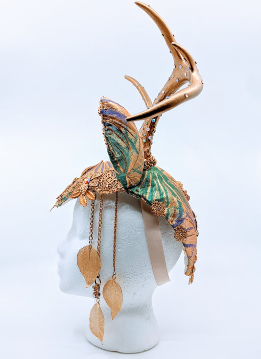 Golden Deer Crown, Gold Antler Headdress, Fawn Headpiece, Golden Pagan Crown