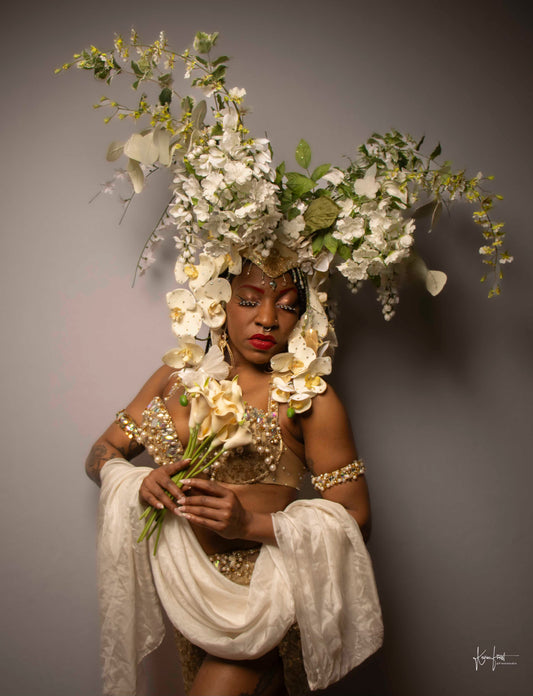 Spring Flower Crown, Nature Goddess Headdress, Large Floral Headpiece, White Gold and Green Flower Festival Headdress