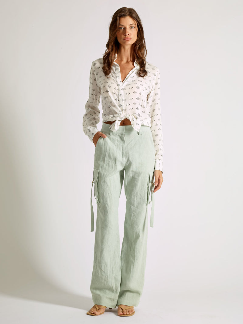 Japanese Linen Cargo Pants - Luxury Wide Leg Trousers with Gold Buckle Detail