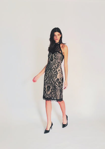Empress Dress - Custom French Lace Cocktail Dress with Halter Neck and Keyhole Back