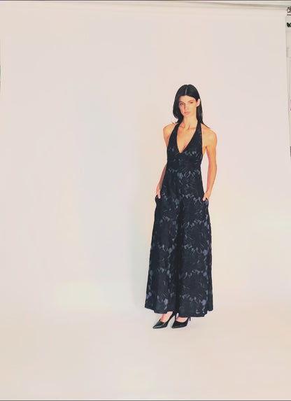 Garden Party Jumpsuit - Poppyseed Wide Leg Lace One Piece with Indigo or Nude Lining