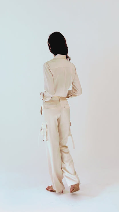 Silk Cargo Pants - Luxury Silk Wide Leg Trousers with Gold Buckle Detail