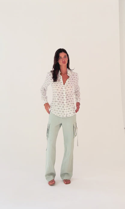 Japanese Linen Cargo Pants - Luxury Wide Leg Trousers with Gold Buckle Detail