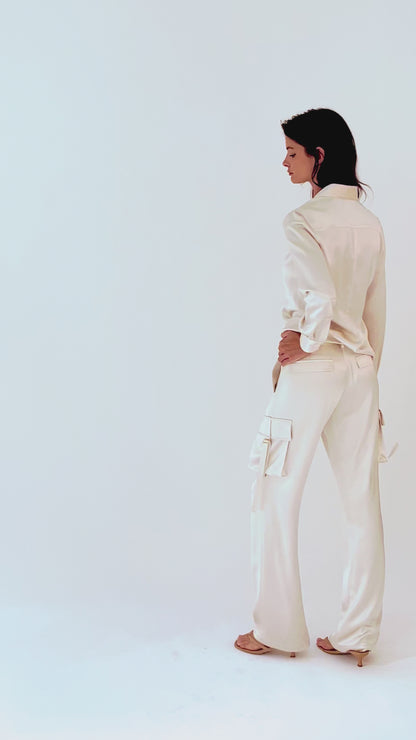Silk Cargo Pants - Luxury Silk Wide Leg Trousers with Gold Buckle Detail