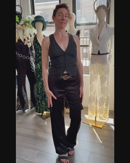 Silk Cargo Pants - Luxury Silk Wide Leg Trousers with Gold Buckle Detail