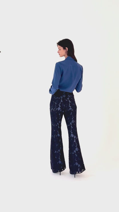Dusty Indigo Silk Crepe Blouse - Luxury Draped Top