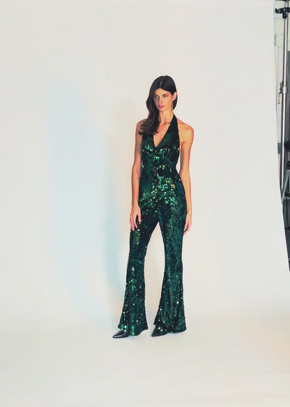 Emerald Green Velvet Sequin Halter Top Jumpsuit