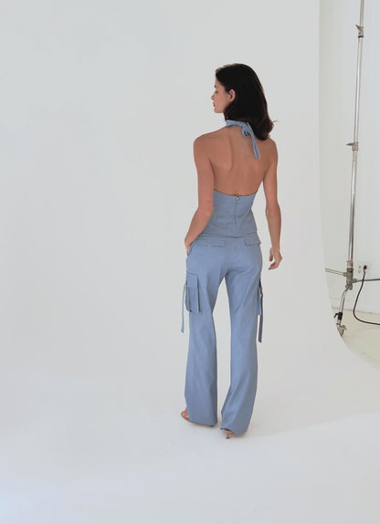 Blue Sky Denim Halter Top - Japanese Denim Tie-Back Top