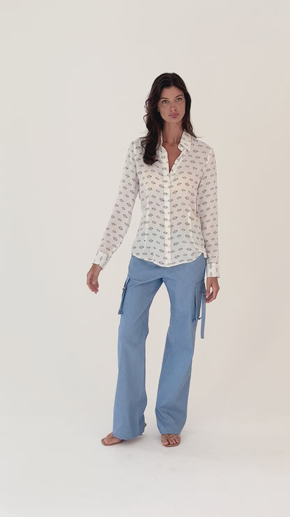 Bisou Bisou Silk Georgette Blouse - Silk Button Down Top with Lip Print