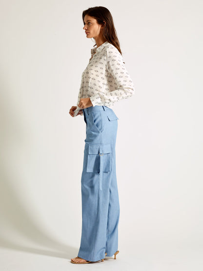 Sky Blue Cargo Pants in Luxe Japanese Chambray Denim - Michelle Palmer Designs