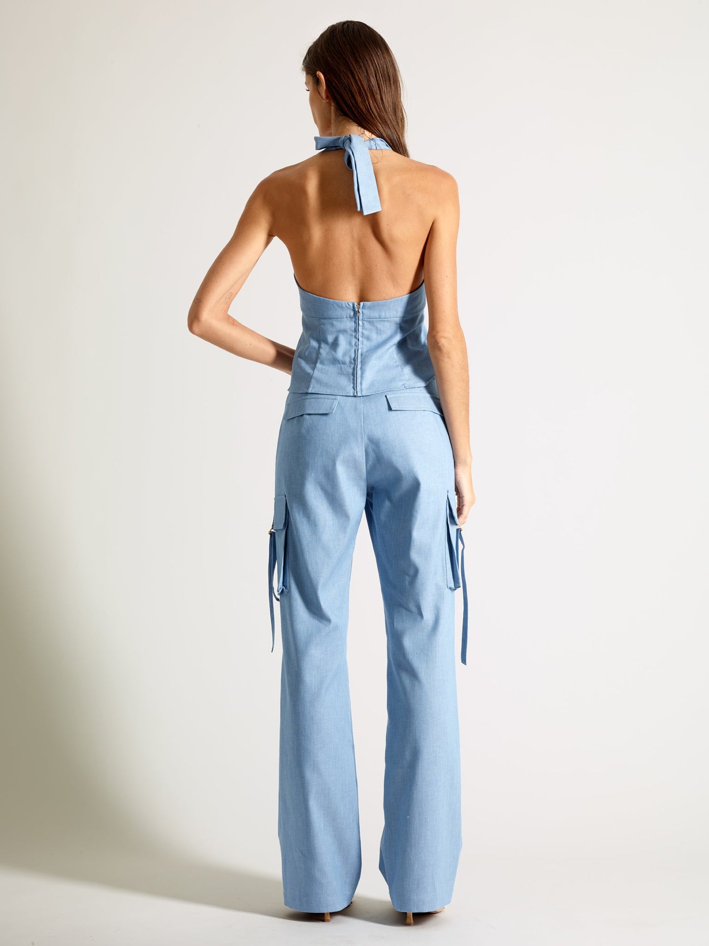 Sky Blue Cargo Pants in Luxe Japanese Chambray Denim - Michelle Palmer Designs