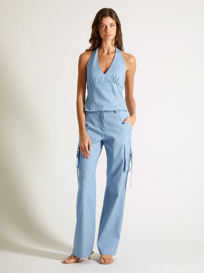 Sky Blue Cargo Pants in Luxe Japanese Chambray Denim - Michelle Palmer Designs