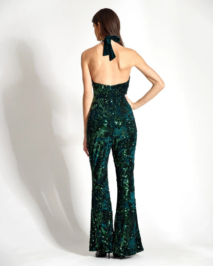 Velvet Sequin Jumpsuit in Emerald Green or Sapphire Blue - Michelle Palmer Designs